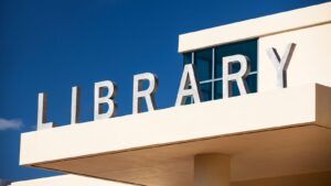 image of a sign that says library