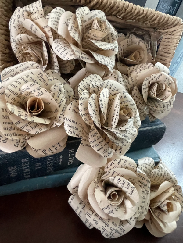 Paper roses made out of vintage book pages. 