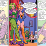 a panel with Goody Rickels as a drag queen, with his first appearance comics panels in the background