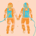 a cropped cover of Jumpnauts showing a pastel illustration of two astronauts holding hands as they float in space