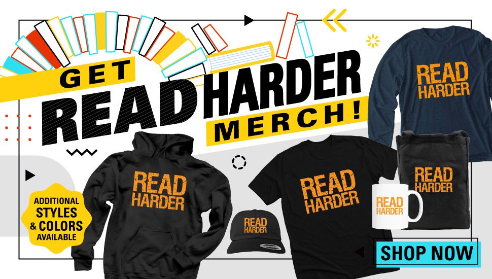 a graphic with the text Red Read Harder Merch! with images of shirts, mugs, hats, and more with the text Read Harder on them