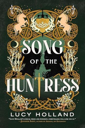 cover of Song of the Huntress by Lucy Holland; illustration made up of matching sides, each with a horse, birch trees, gold design, and the outline of a face in the center that meet in the middle