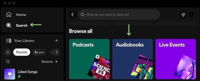 screenshot of search tab in Spotify web app showing tiles for Podcasts, Audiobooks, and Live Events