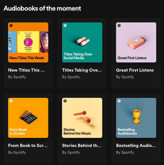 screenshot of Audiobooks of the Moment audiobooks playlists landing page in the Spotify web app 
