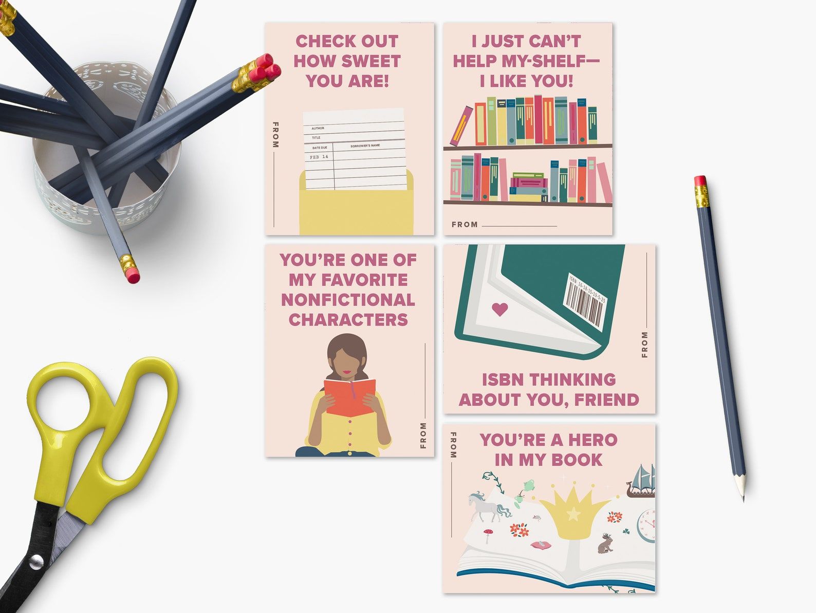 Set of five bookish printable Valentines with encouraging and sweet messages for friends