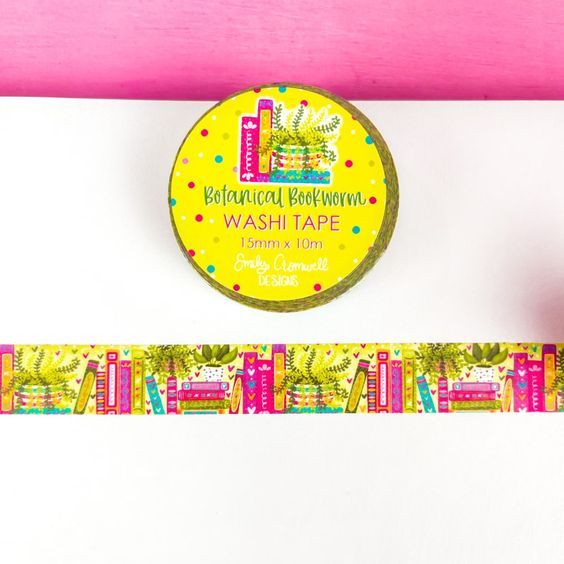 brightly colored washi tape showing books and plants in bright pinks, yellows, and greens
