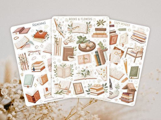 3 physical sticker sheets with cottagecore reading stickers including books, mugs, and plants 