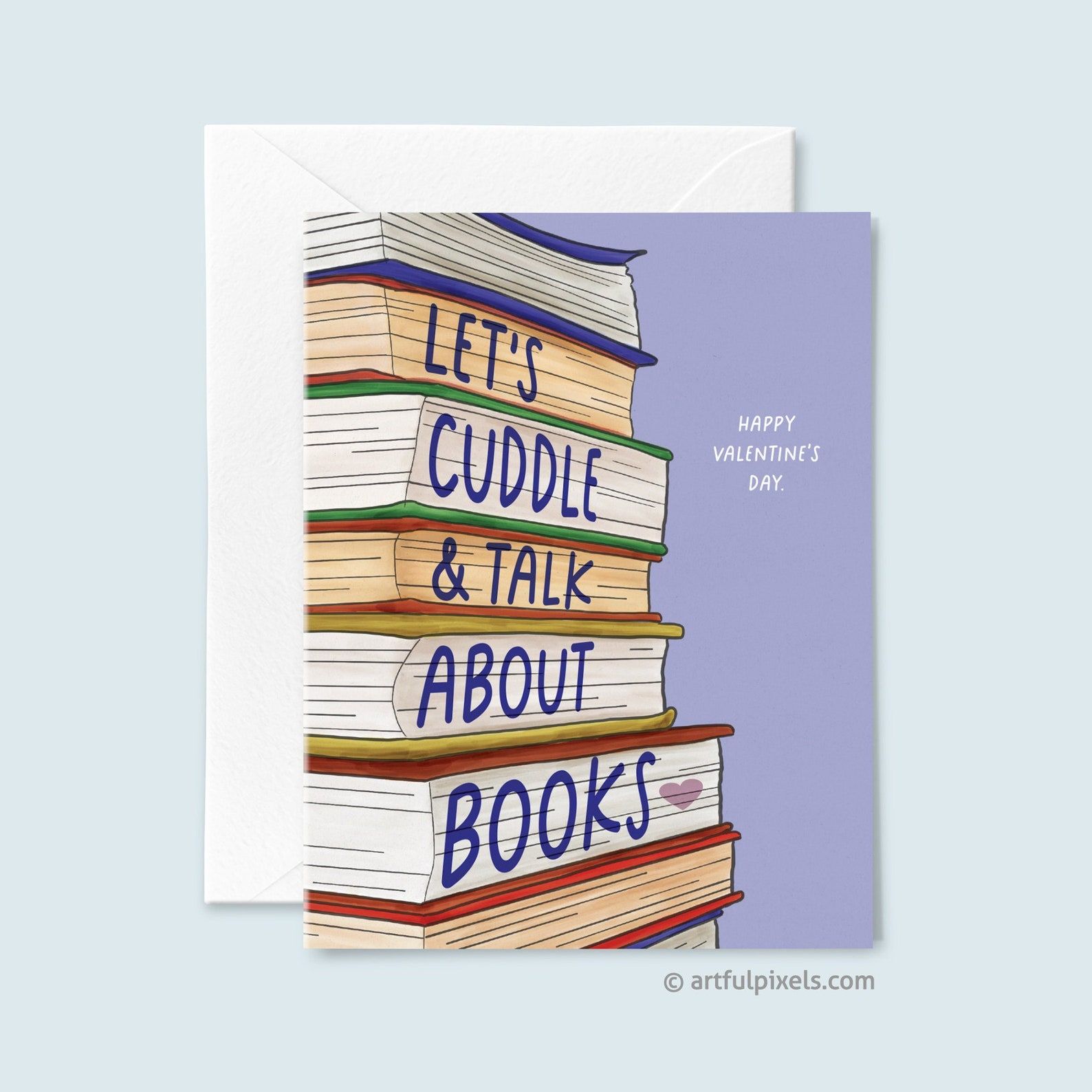 A purple card with a stack of books that reads "Let's cuddle and talk books" and "Happy Valentine's Day"