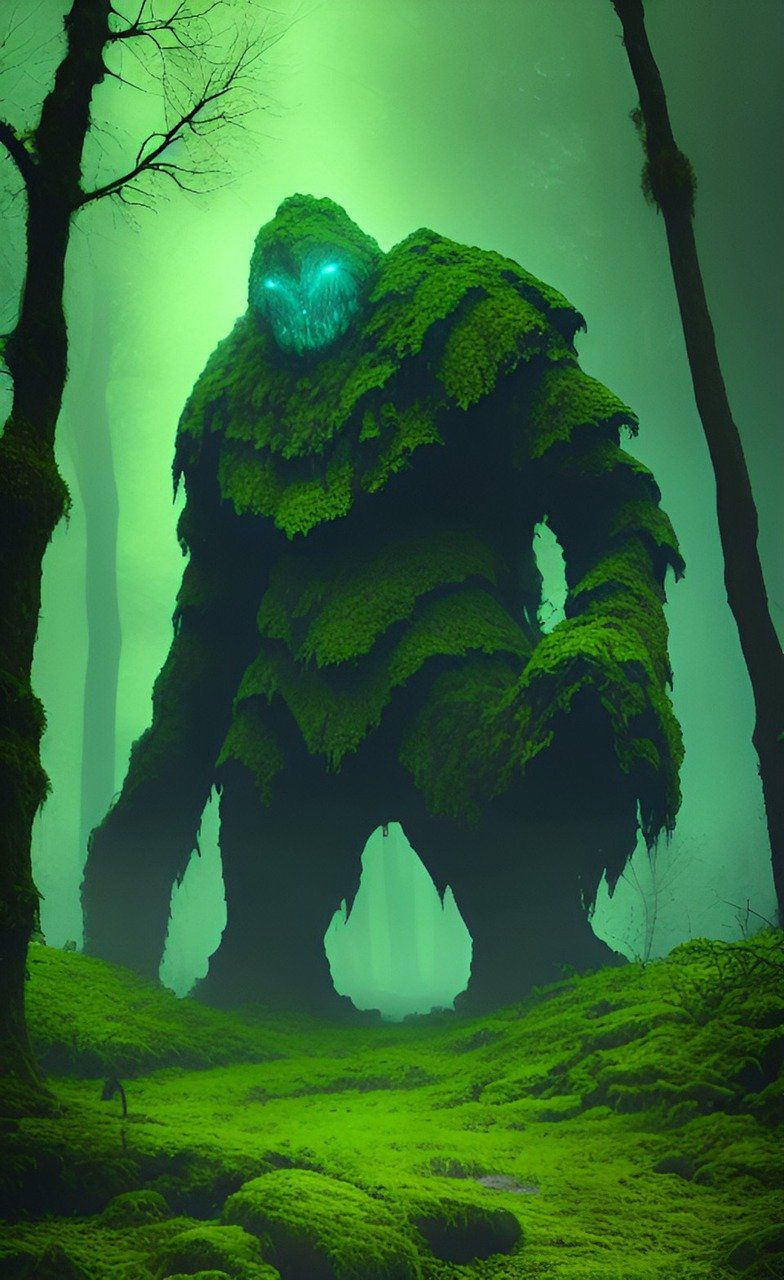 A moss covered golem in the woods.
