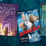 a collage of three middle grade horror novel covers against a dark forest background