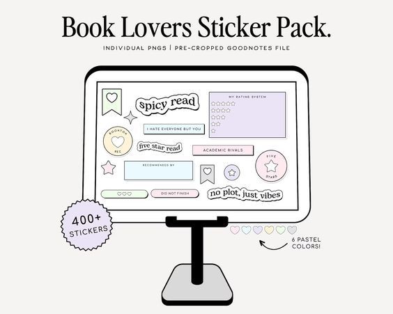 image of a computer screen displaying digital stickers including phrases like academic rivals and spicy read 