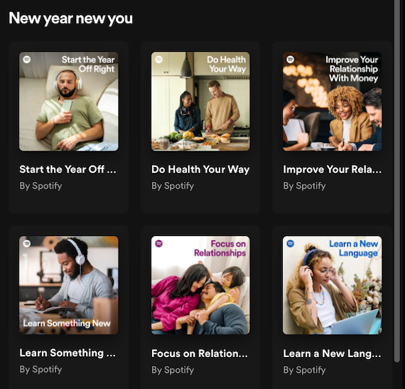 screenshot of New Year, New You playlist offerings of audiobooks on Spotify web app, with categories like "improve your relationship with money" and "learn a new language"