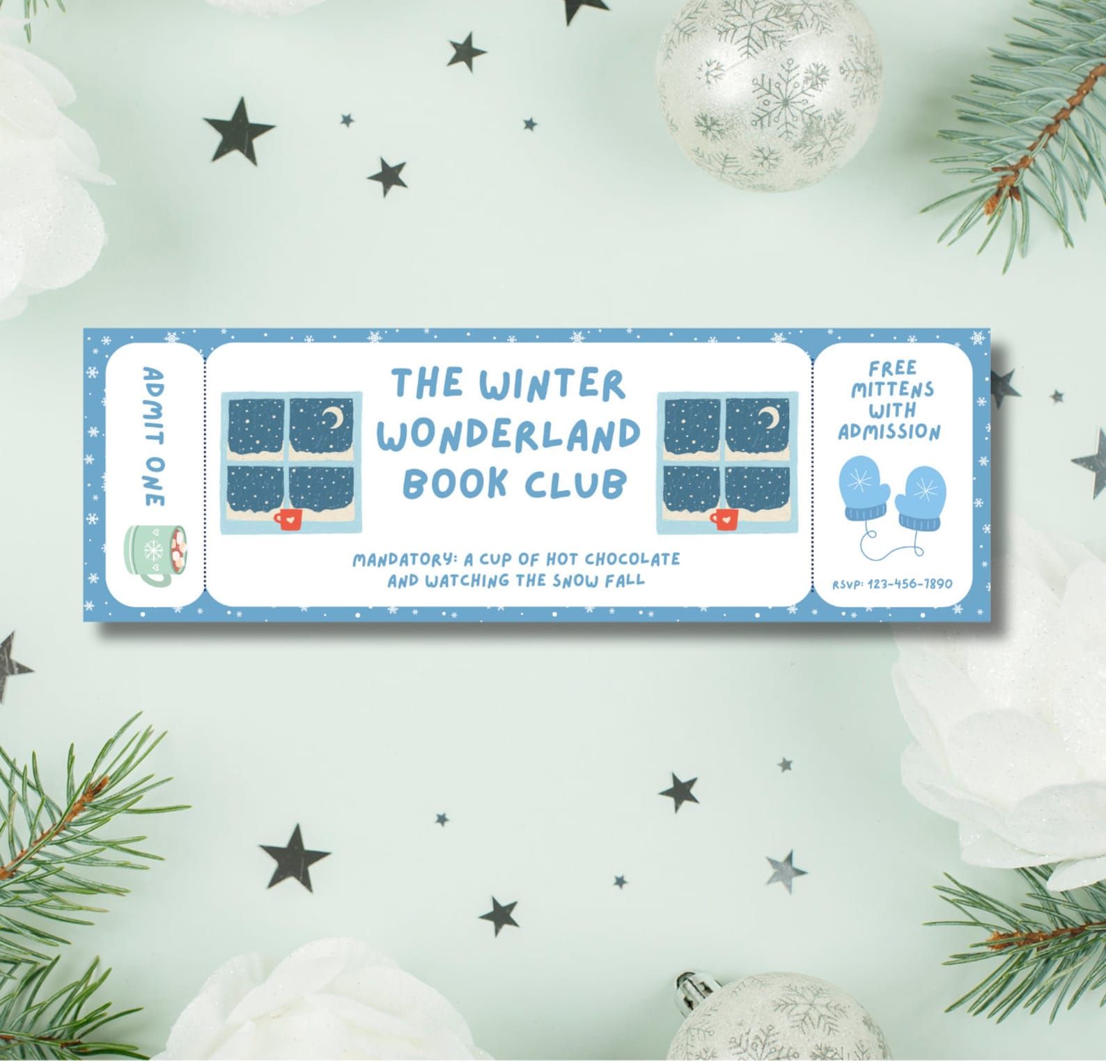 A bookmark designed to look like a ticket to a winter wonderland book club