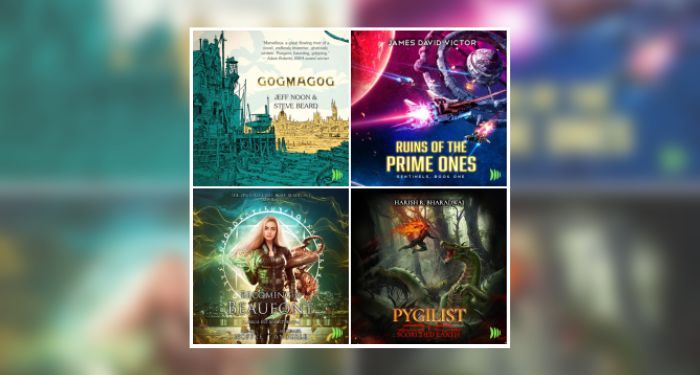Audio book covers of Scorched Earth by Harish R. Bharadwaj, Becoming a Beaufont by Anderle Michael and Sarah Noffke, Secrets of the Prime Ones by James David Victor, and Gogmagog by Jeff Noon and Steve Beard