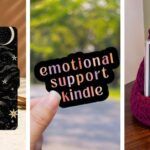three images of accessories for kindles: a cloth kindle cover, a sticker, and a pillow that holds a kindle for hands-free reading