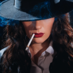 a photo of a noir detective woman smoking