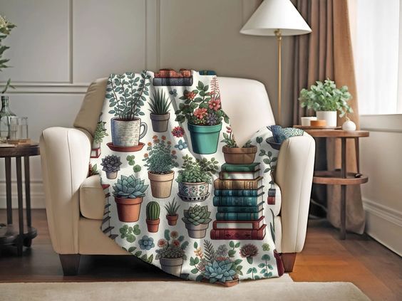 white plush throw with large images of potted plants and stacks of books 