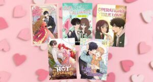 covers of five romance manhwa against a pink background with small paper hearts