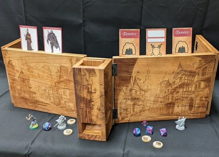 image of dnd dm screen with block dice tower