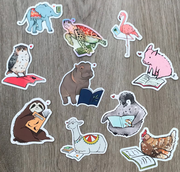 10 illustrated stickers of different animals reading books including a flamingo pig and chicken