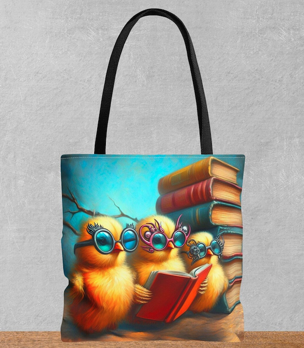 a tote bag with a bright graphic illustration of three baby chicks in sunglasses reading books