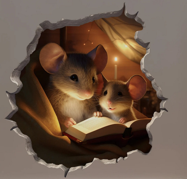 wall decal of an illustration of a mouse hole in wall with a mouse reading to a baby mouse a book