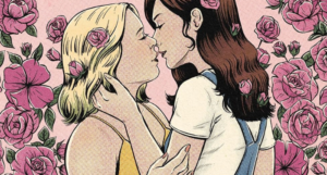 cropped cover of Late Bloomer, showing two women with flowers in their hair about to kiss