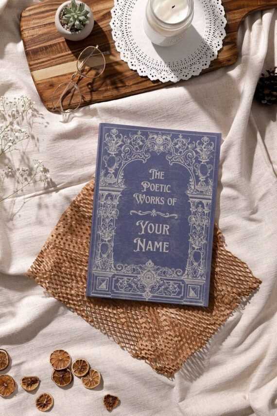 a blue covered book in a vintage style, with silver floral embellishment and the words "the poetic words of your name" on the cover