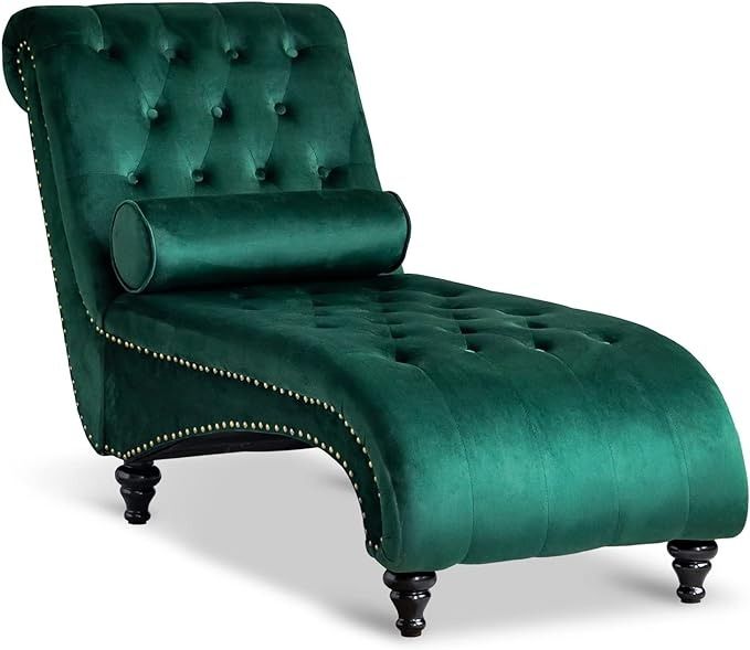 a dark green velvet Button-Tufted Chaise Lounge