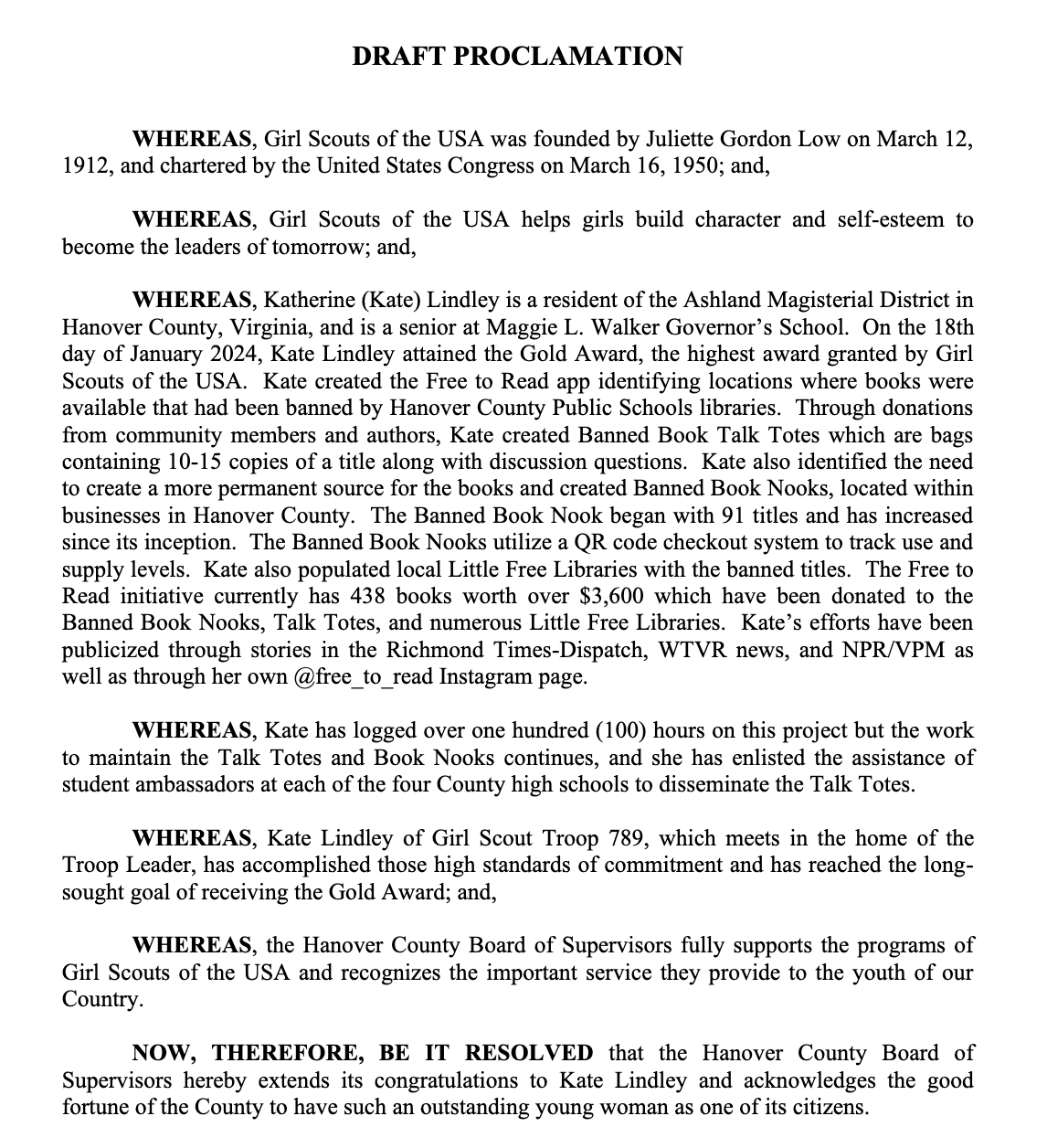 Image of the draft proclamation for Kate Lindley. 