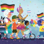 cropped cover of Pride Puppy, showing an illustration of a Pride parade following a dog