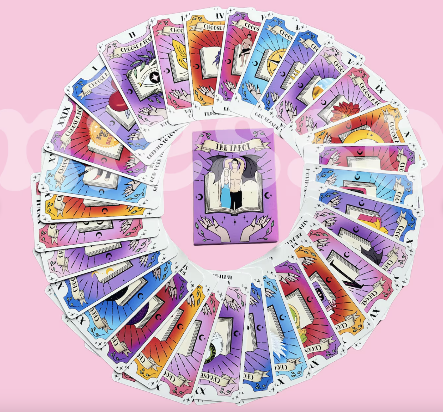 Image of a set of colorful tarot cards with reading prompts laid out in a circle on a pink background