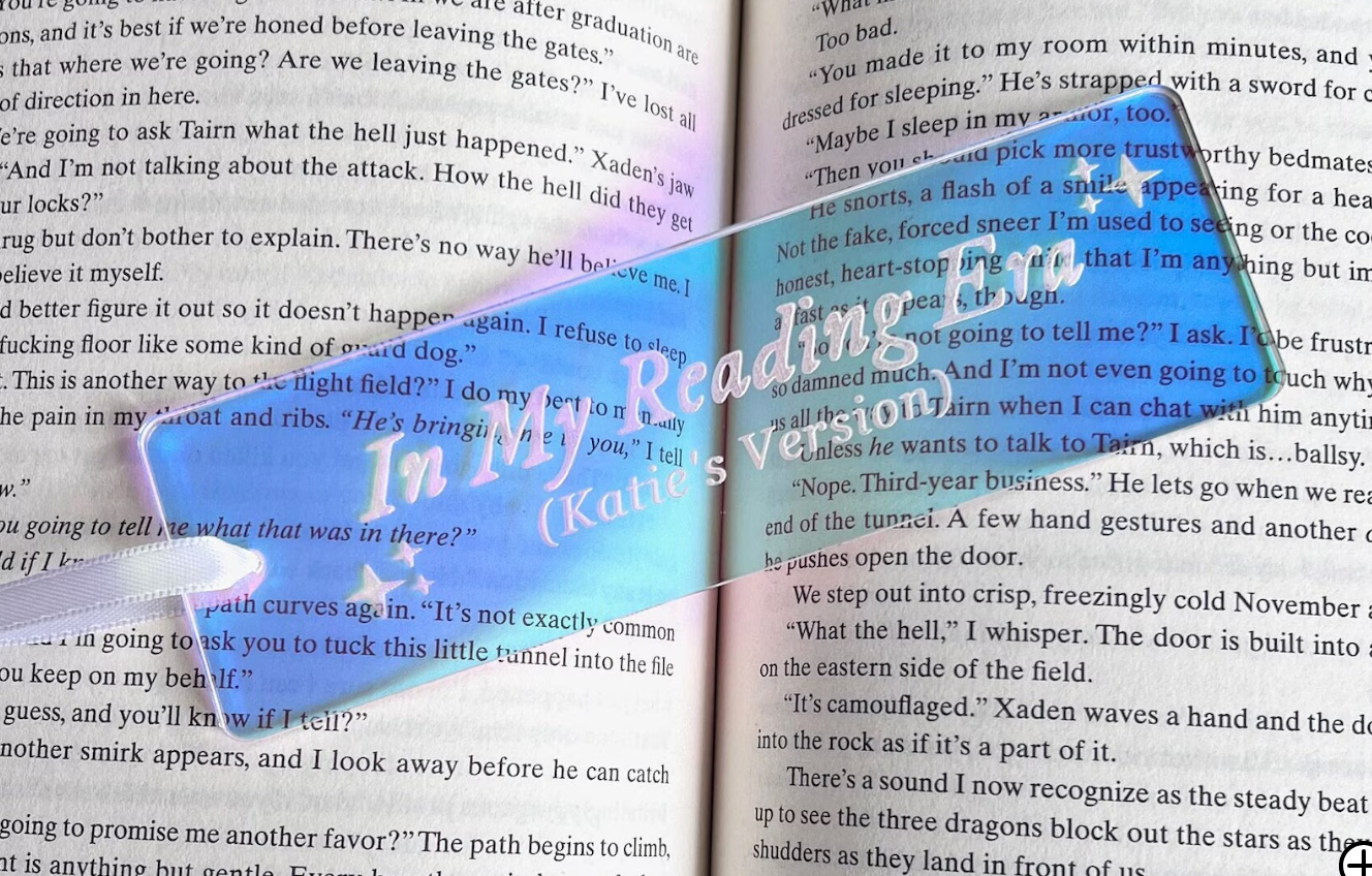 blue bookmark that says "In my reading era (katie's version)"