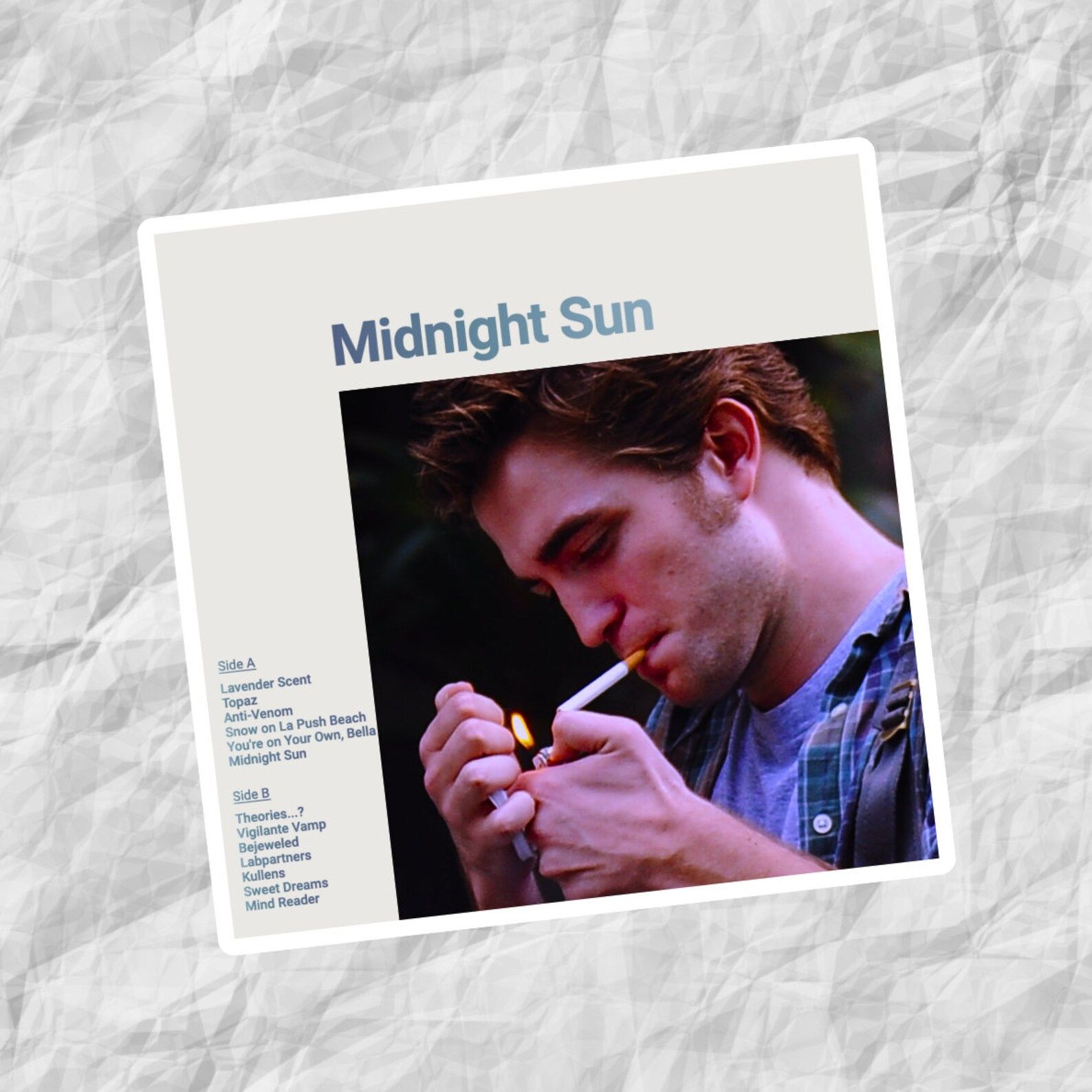 sticker that looks like Taylor Swift's Midnights album, but it is titled "Midnight Sun" and is a riff on Twilight. 