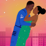 a cropped cover of The Kiss Countdown showing a Black man in an astronaut uniform and a Black woman in a sparkly green gown embracing