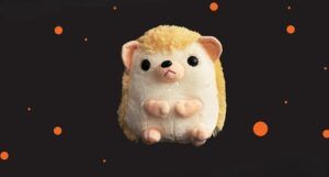 closeup of cover of Earthlings by Sayaka Murata showing a small plush hedgehog floating in a black background