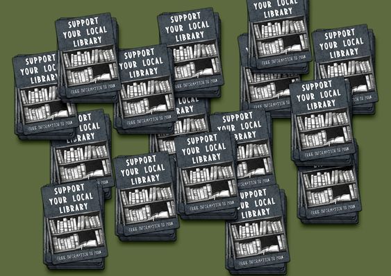 multiple stacks of  black and whilte stickers showing shelves of books and the words "Support Your Public Library. Free Information is Punk.