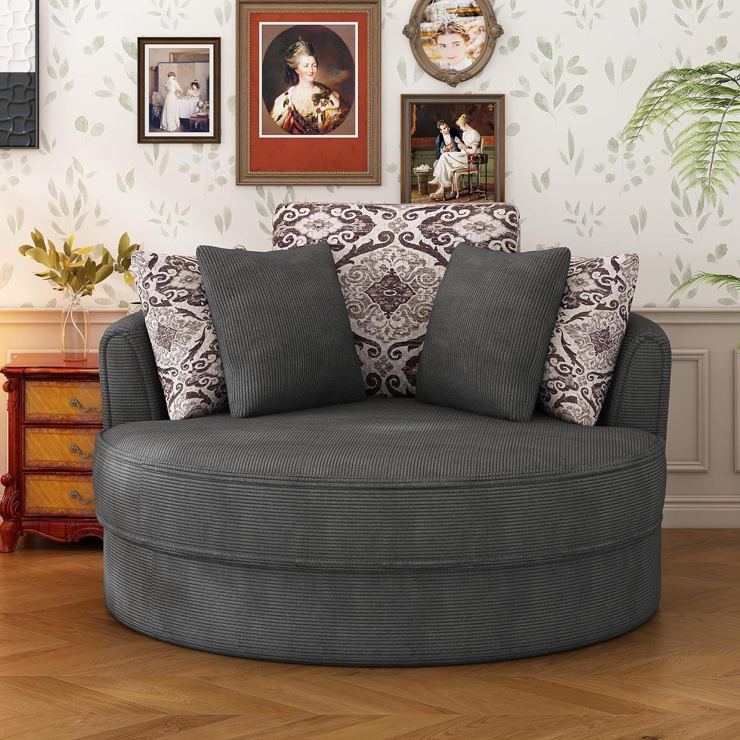 a dark gray round chair