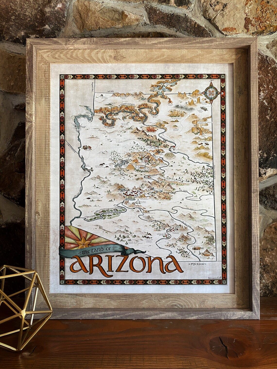 Fantasy style map of Arizona in a wood frame