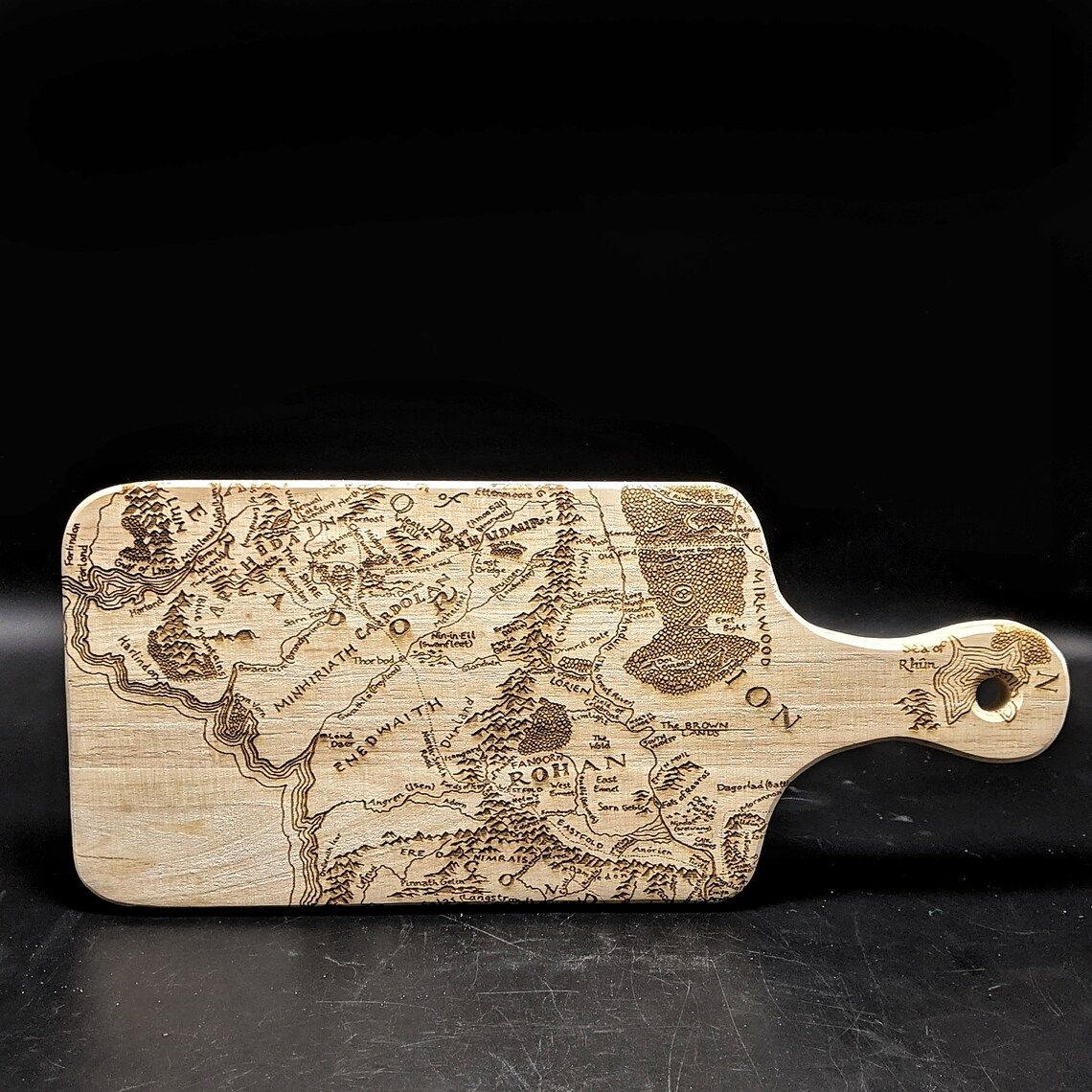Cutting board engraved with map of Middle Earth