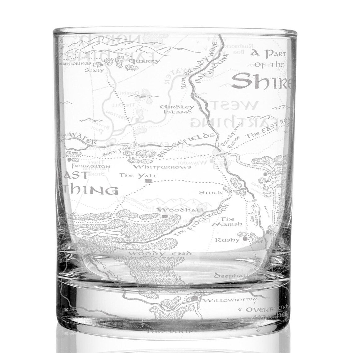 Clear rocks glass engraved with map of the shire