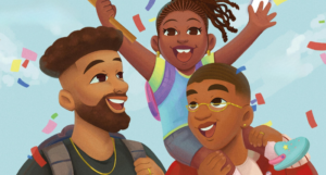 a cropped cover of It's Pride, Baby! showing an illustration of a queer Black family at Pride