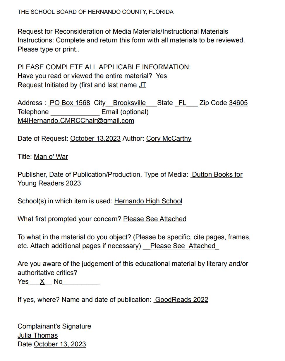 page two of the moms for liberty complaint against man o war in hernando county schools. 