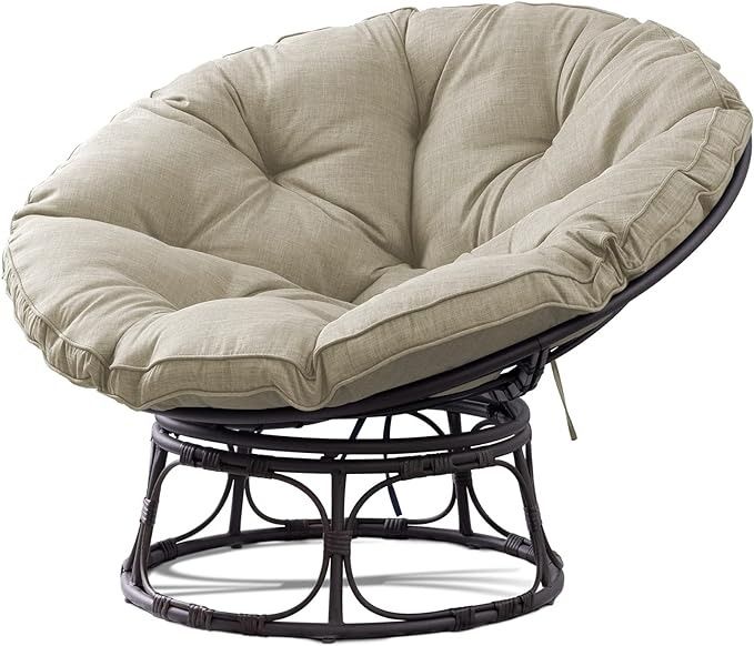 a beige papasan chair