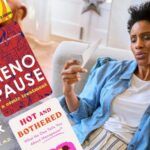 graphics of five covers of books on perimenopause and menopause next to a Black woman fanning herself with a piece of paper