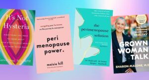 collage of four covers of books about perimenopause