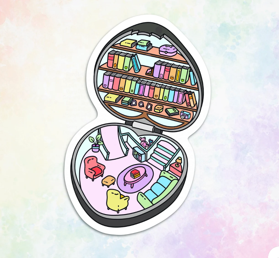 image of a sticker that looks like a polly pocket toy. Inside is a vast bookshelf of rainbow colored spines. 