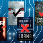 a collage of sci-fi covers with crosses and check marks overlaid