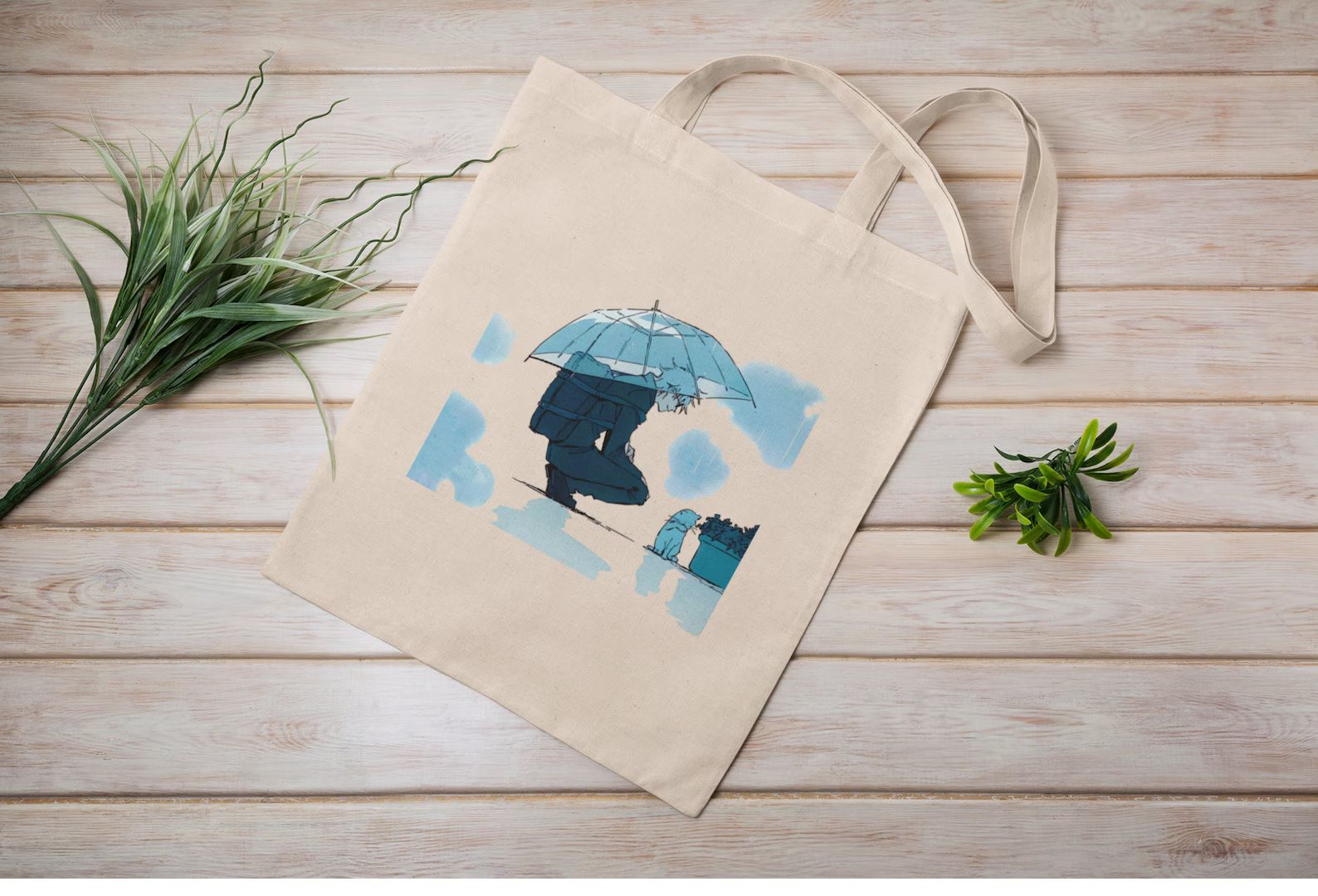 A canvas tote bag featuring characters from Jujutsu Kaisen