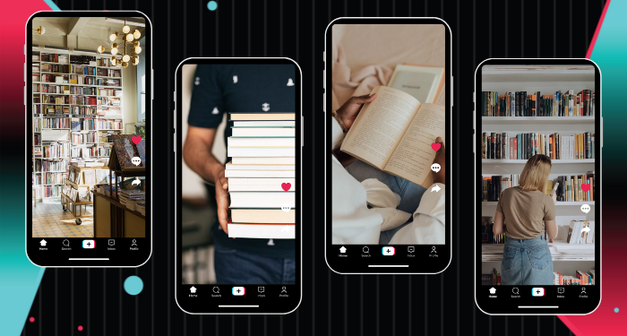 four phones showing book content on TikTok